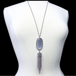 KENDRA SCOTT Rayne Cat's Eye Slate Gray Tassel Long Pendant Necklace Silver Tone